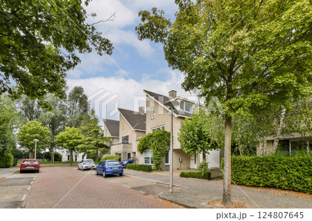 A serene suburban street lined with modern houses, lush trees, and parked cars under a partly cloudy sky, creating a peaceful neighborhood atmosphere. 124807645