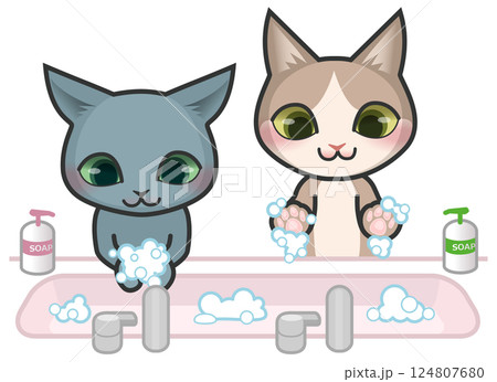石鹸で手を洗っている2匹の猫のキャラクター 石鹸で手を洗っている2匹の猫のキャラクター 124807680
