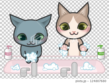 石鹸で手を洗っている2匹の猫のキャラクター 石鹸で手を洗っている2匹の猫のキャラクター 124807680