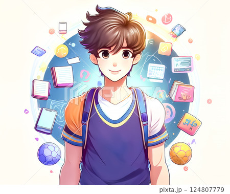 教育イメージ　男子学生といろいろなグッズ 124807779