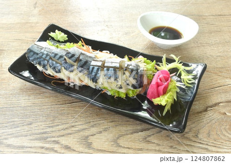 Namizen sashimi or slice saba mackerel fish Japanese food topping chop rasish dressing wasabi and shoyu soy sauce on plate Namizen sashimi or slice saba mackerel fish Japanese food topping chop rasish dressing wasabi and shoyu soy sauce on plate 124807862