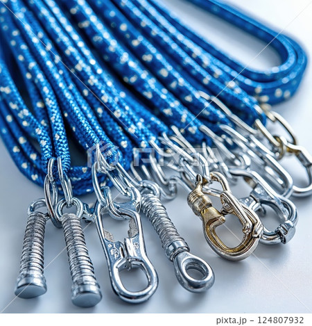 Blue nautical ropes with metal hooks and clasps for marine and outdoor gear security and safety 124807932
