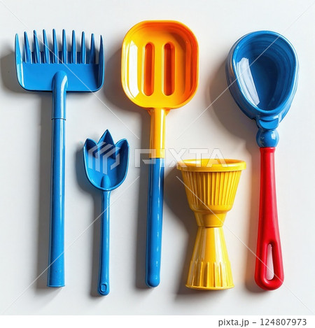 Colorful children's beach toys set arrangement for summer fun and playful activities Colorful children's beach toys set arrangement for summer fun and playful activities 124807973