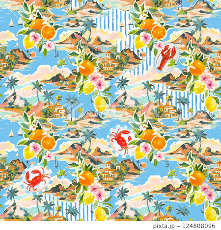 Beautiful vector tropical seamless pattern with hand drawn paradise islands with mountains and palm trees on beaches with ocean and clouds in sky. Ready tropical print design. Beautiful vector tropical seamless pattern with hand drawn paradise islands with mountains and palm trees on beaches with ocean and clouds in sky. Ready tropical print design. 124808096