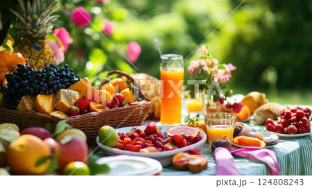 summer picnic table is filled with fresh fruits, juices, and pastries, set outdoors in a lush green garden 124808243