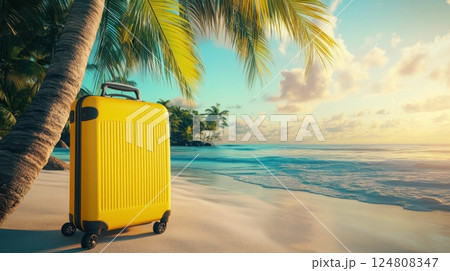 A bright yellow suitcase stands by a palm tree on a tropical beach at sunrise, ready for a summer getaway 124808347