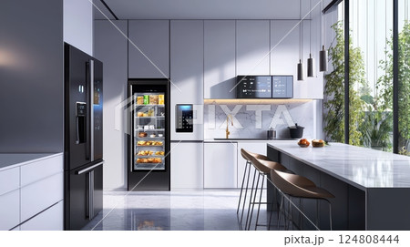 Modern Smart Kitchen Interior with Panoramic Window Modern Smart Kitchen Interior with Panoramic Window 124808444