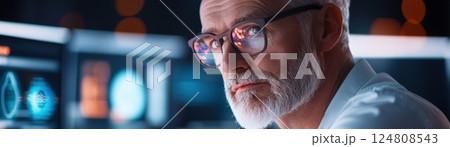 Senior entrepreneur focuses on an innovative AI project surrounded by holographic screens in a sleek office. The space features soft neon lighting, creating a modern atmosphere for creativity Senior entrepreneur focuses on an innovative AI project surrounded by holographic screens in a sleek office. The space features soft neon lighting, creating a modern atmosphere for creativity 124808543