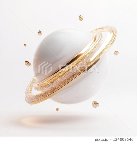 This artwork showcases a futuristic planet with brilliant golden rings composed of shimmering crystal dust. The unique celestial design evokes a sense of wonder and exploration 124808546