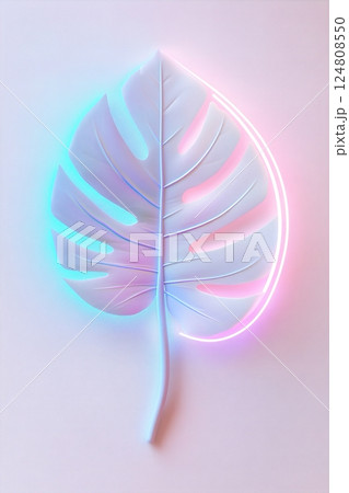A vibrant palm leaf features neon outlines and glowing blue veins, evoking a cyberpunk aesthetic. This futuristic botanical element stands out against a white background 124808550