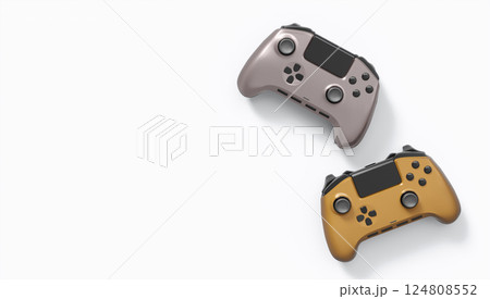 Realistic colorful video game joysticks or gamepads with color buttons on white 124808552