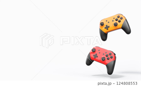Realistic colorful video game joysticks or gamepads with color buttons on white 124808553