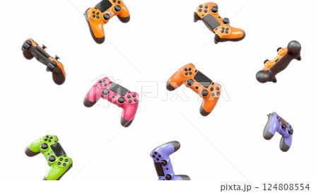 Realistic video game joysticks or gamepads rotating and falling on white 124808554