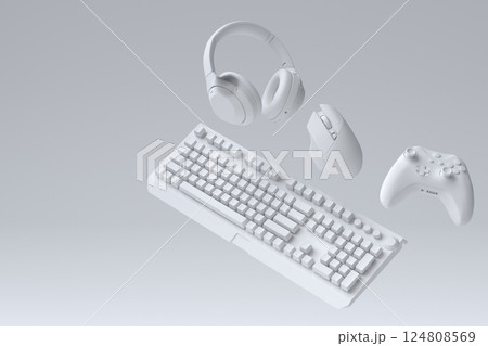 Top view gamer gears like joystick, keyboard, headphones and mouse Top view gamer gears like joystick, keyboard, headphones and mouse 124808569