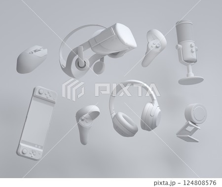 Top view gamer gears like joystick, microphone, headphones and VR glasses 124808576