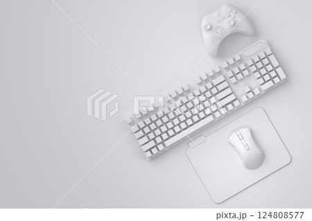 Top view gamer gears like joystick, keyboard and mouse on monochrome background. 124808577