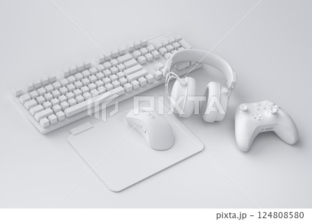 Top view gamer gears like joystick, keyboard, headphones and mouse on monochrome Top view gamer gears like joystick, keyboard, headphones and mouse on monochrome 124808580