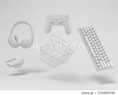 Gamer gears like mouse, keyboard, joystick, headset, VR, web camera in basket 124808596