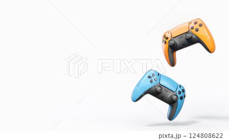 Realistic colorful video game joysticks or gamepads with color buttons on white 124808622
