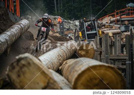 Intense off-road motorcycle racing through challenging forest terrain with log obstacles and dirt tracks 124809058