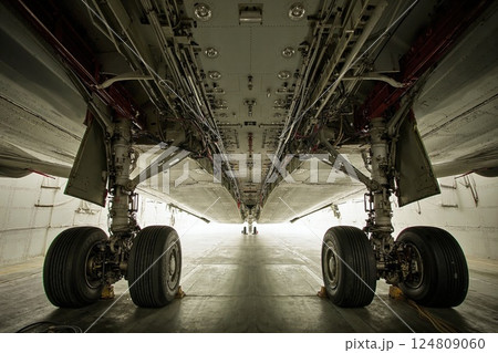 Intricate aircraft landing gear engineering detail for aviation design and innovation insights 124809060