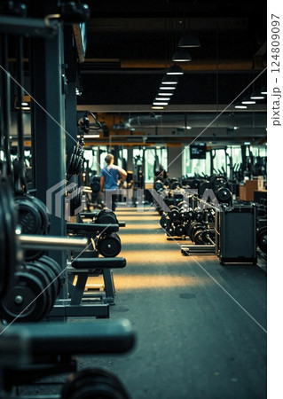 Modern gym interior with dumbbells and fitness equipment for strength training and well-being in a contemporary setting 124809097