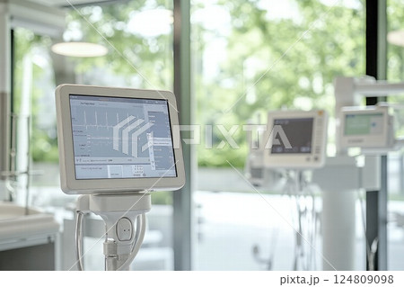 Modern hospital room with advanced medical equipment and heart monitoring system 124809098