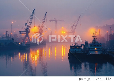 Twilight industrial harbor: tranquil maritime scene with silhouetted cranes and glowing lights 124809112