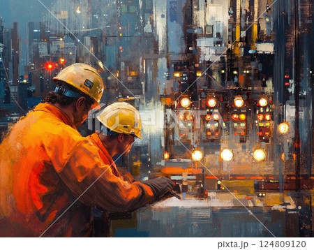 Urban industrial scene with workers embracing modern technology in dynamic lighting and colors for engineering design projects 124809120