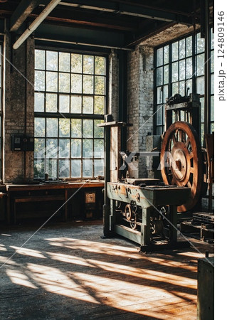 Vintage industrial workshop with sunlit antique machinery for artistic inspiration and design concepts Vintage industrial workshop with sunlit antique machinery for artistic inspiration and design concepts 124809146