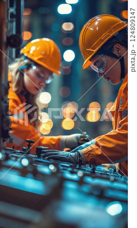 Women in engineering: night shift focus in industrial factory setting with protective gear and precision tasks Women in engineering: night shift focus in industrial factory setting with protective gear and precision tasks 124809147