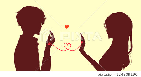 運命の赤い糸を結んでいる向かい合う男女 シルエット 運命の赤い糸を結んでいる向かい合う男女 シルエット 124809190