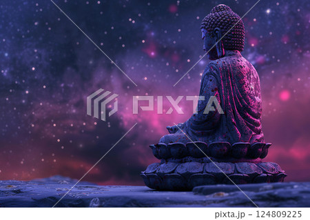 Ancient statue great Buddha on bright holiday composition, abstract vivid composition consists of fictional unreal fantastic vision on background 124809225