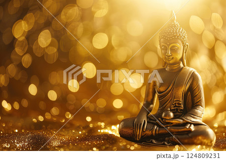 Ancient statue great Buddha on bright holiday composition, abstract vivid composition consists of fictional unreal fantastic vision on background Ancient statue great Buddha on bright holiday composition, abstract vivid composition consists of fictional unreal fantastic vision on background 124809231