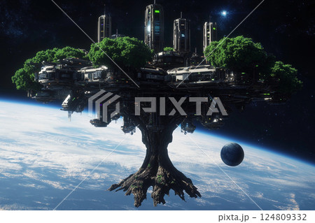 Floating tree city in space showcases futuristic architecture amid the cosmos Floating tree city in space showcases futuristic architecture amid the cosmos 124809332