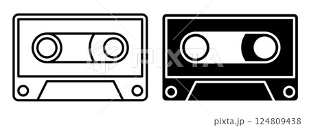 Linear icon. Obsolete magnetic tape audio cassette. Device for recording audio files and music onto magnetic tape. Simple black and white vector isolated on white background Linear icon. Obsolete magnetic tape audio cassette. Device for recording audio files and music onto magnetic tape. Simple black and white vector isolated on white background 124809438