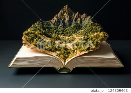Magical landscape emerges from open book at night with stars illuminating the scene 124809468
