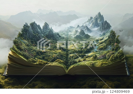 Magical landscape emerges from open book at night with stars illuminating the scene 124809469