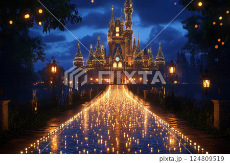 Majestic castle illuminated by glowing pathway at night under a starry sky 124809519