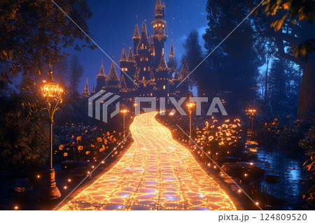 Majestic castle illuminated by glowing pathway at night under a starry sky 124809520