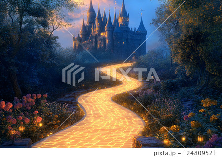 Majestic castle illuminated by glowing pathway at night under a starry sky 124809521