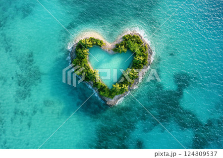 Heart-shaped island surrounded by turquoise water in a tropical setting 124809537