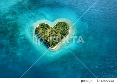 Heart-shaped island surrounded by turquoise water in a tropical setting 124809538