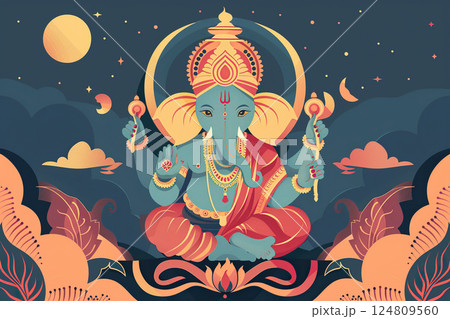 Bright holiday composition for happy Ganesh Chaturthi, abstract vivid composition consists of fictional unreal fantastic vision on background Bright holiday composition for happy Ganesh Chaturthi, abstract vivid composition consists of fictional unreal fantastic vision on background 124809560