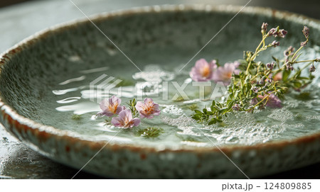 Close up of delicate flowers and herbs floating in saltwater on textured ceramic plate 124809885