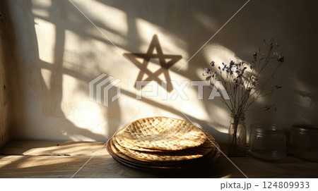 Minimalist scene with matzah on wooden plates, Star of David shadow, and dried flowers in soft natural light 124809933