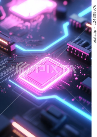 A glowing circuit board features vibrant neon blue and purple lights, showcasing intricate designs. The futuristic aesthetic creates a high-tech atmosphere, emphasizing innovation and technology A glowing circuit board features vibrant neon blue and purple lights, showcasing intricate designs. The futuristic aesthetic creates a high-tech atmosphere, emphasizing innovation and technology 124809976