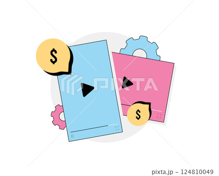 Paid video content and distribution through subscription platforms for monetization, including streaming, licensing, access control and media sales. Video monetization vector illustration and icons Paid video content and distribution through subscription platforms for monetization, including streaming, licensing, access control and media sales. Video monetization vector illustration and icons 124810049