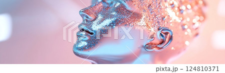 A holographic male bust floats in soft neon blue and gold mist, creating a striking futuristic atmosphere. This design emphasizes ultra-modern cyber masculinity, ideal for mens day celebrations 124810371