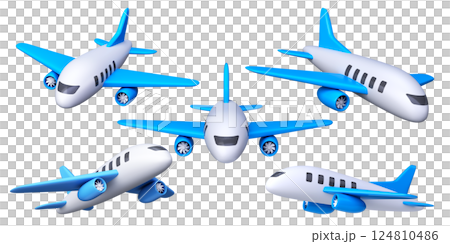 3D airplanes from different angles. Symbol of air transport and travel by plane 3D airplanes from different angles. Symbol of air transport and travel by plane 124810486
